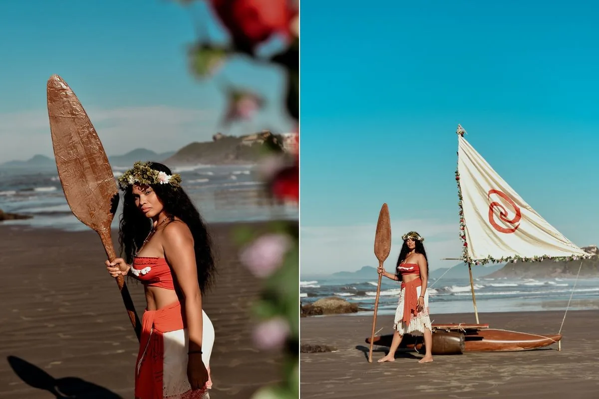 Moana brasileira cria jangada e brilha com cosplay em SP