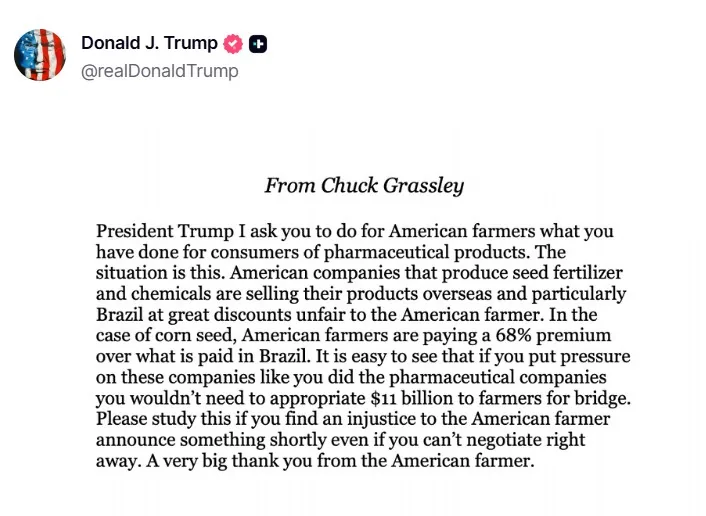 Trump publica mensagem de senador que diz que brasileiros pagam menos por sementes de milho e pede por redução de preços