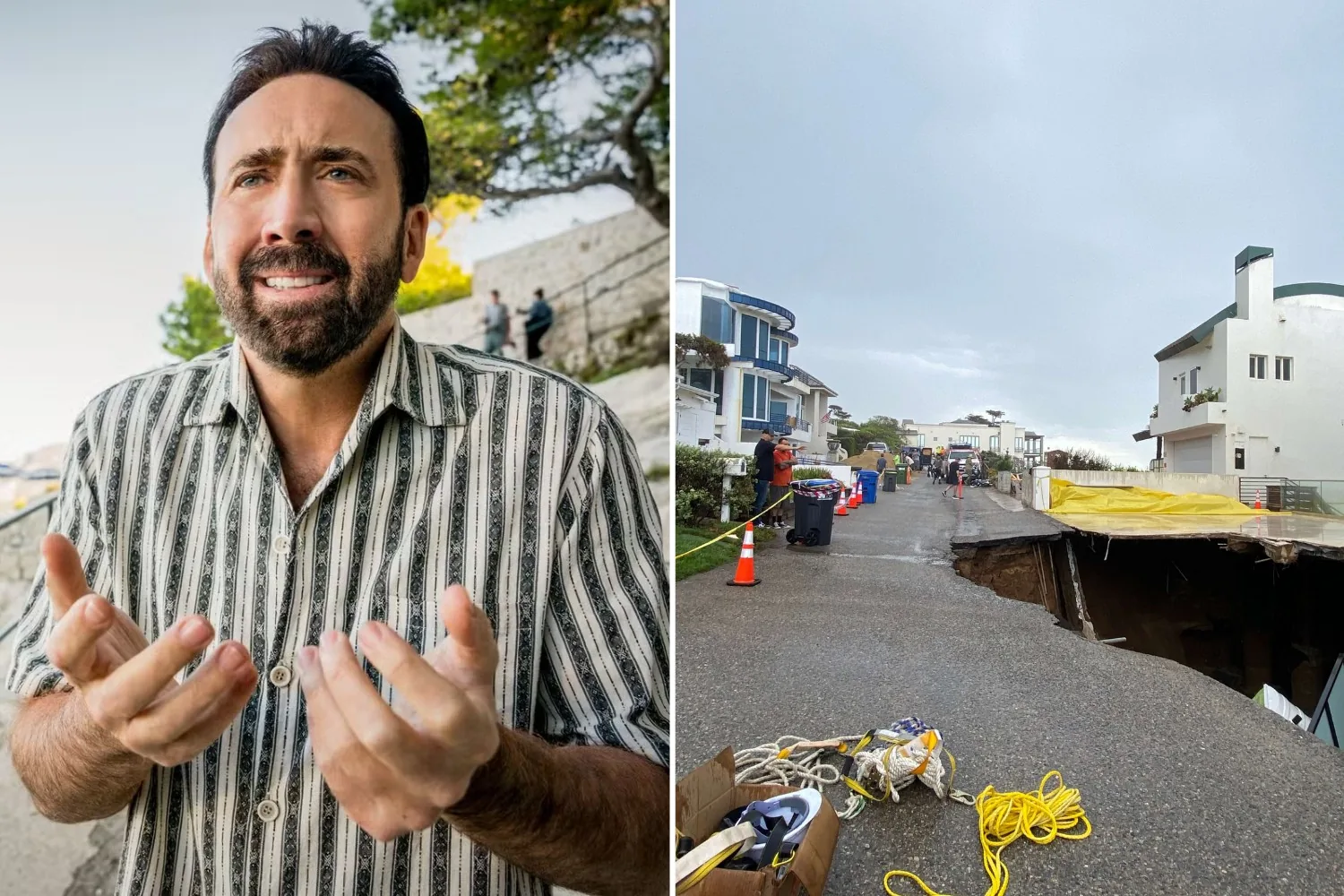Cratera gigante surge após desabamento de entrada de mansão de Nicolas Cage
