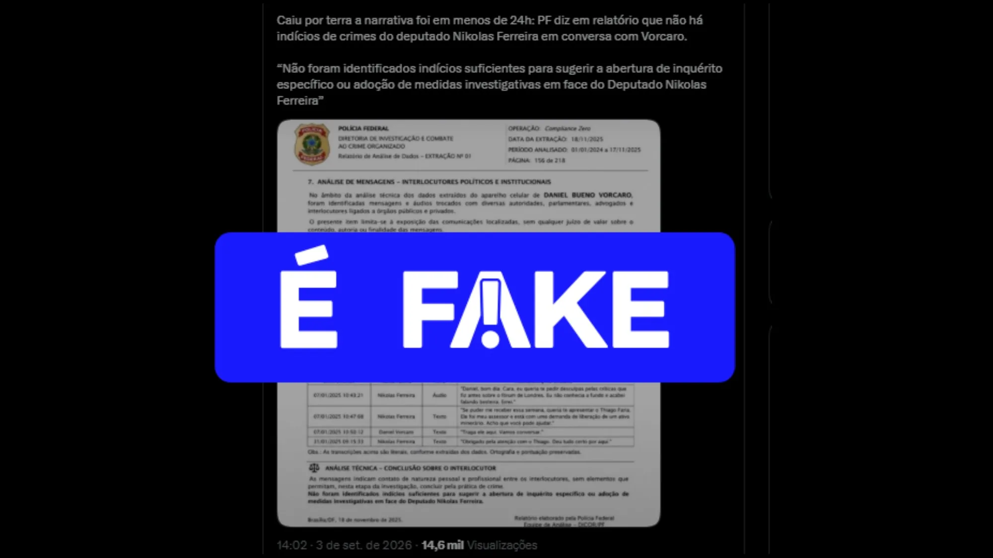 Imagem supostamente da PF sobre conversas entre deputado e ex-banqueiro é fake